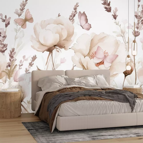 Papier peint  Pré fleuri avec des papillons en style aquarelle, motif floral délicat