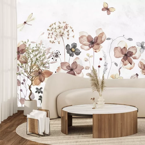 Papier peint  Papillons et libellules dans un motif aquarelle de fleurs des champs sur fond clair