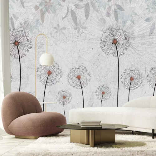 Papier peint  Pissenlits abstraits sur fond gris avec une texture délicate, style moderne