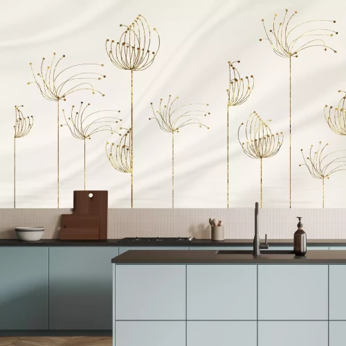 Papier peint  Fleurs de pissenlit abstraites en nuances dorées sur fond beige