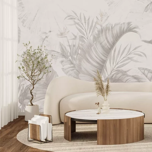 Papier peint  Plantes exotiques, strelitzia et feuilles de bananier sur fond texturé aux couleurs sobres