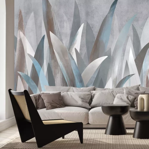 Papier peint  Feuilles tropicales sur fond en texture béton dans un style abstrait