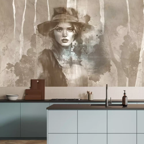 Papier peint  Portrait aquarelle d’une femme au chapeau avec des arbres en arrière-plan