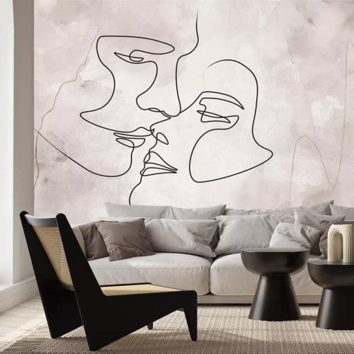 Papier peint  Le baiser des amoureux en style line art avec un fond aquarelle délicat