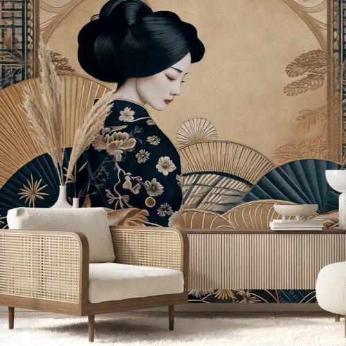 Papier peint  Jeune geisha en kimono, motif de style japonais