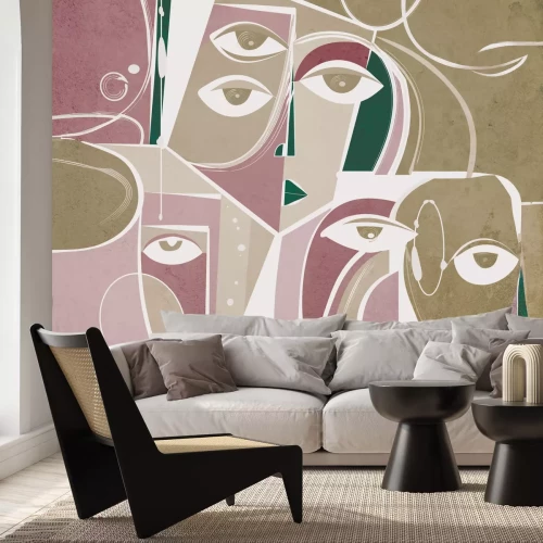 Papier peint  Visages en style abstrait sur fond géométrique