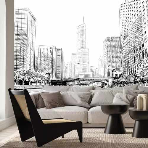 Papier peint  Panorama de Chicago dessin en noir et blanc avec gratte-ciel et rivière