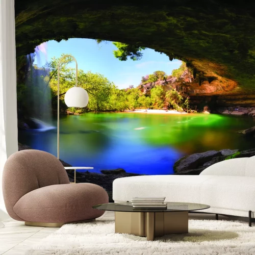 Papier peint  Paysage avec une cascade se jetant dans un lac avec une plage de sable