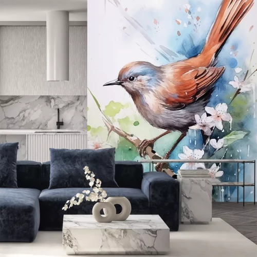 Sticker  Oiseau aquarellé sur une branche d’arbre fleurie