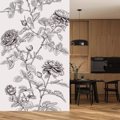 Sticker  Illustration en noir et blanc de branches de roses