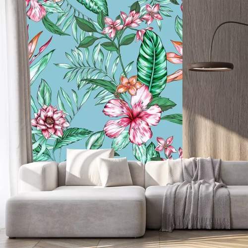 Sticker  Fleurs et feuilles tropicales sur fond bleu clair