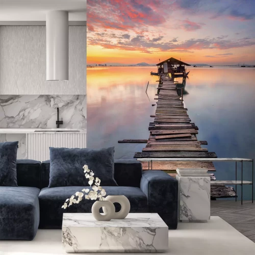 Sticker  Pont en bois sur fond de coucher de soleil