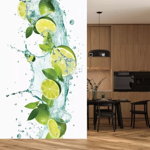 Sticker  Citrons verts et feuilles de menthe tombant dans l’eau