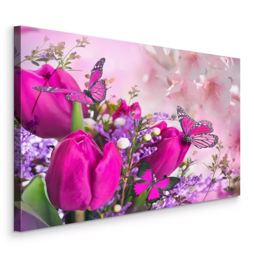 Tableau  Tulipes roses avec des fleurs violettes et des papillons