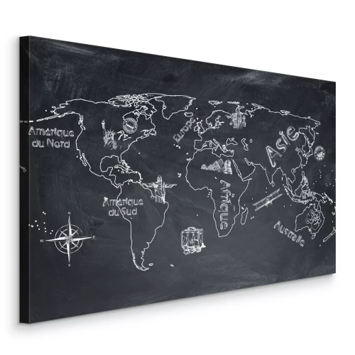 Tableau  Carte du monde avec les continents et leurs légendes sur un tableau noir