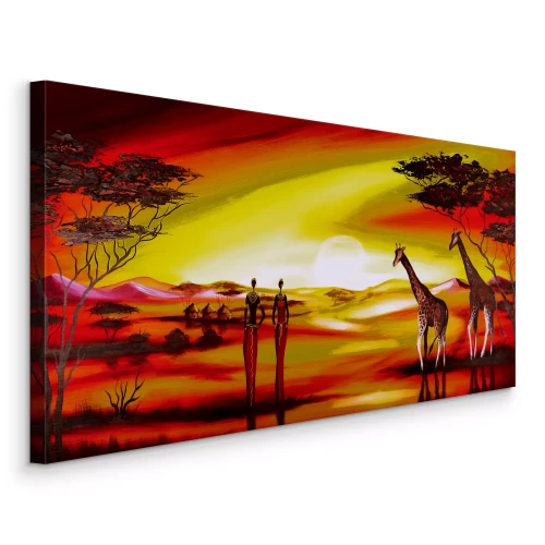 Tableau  Des hommes et des girafes dans la savane africaine