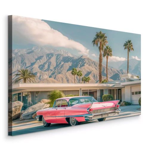 Tableau  Une Cadillac rose classique devant une maison moderne