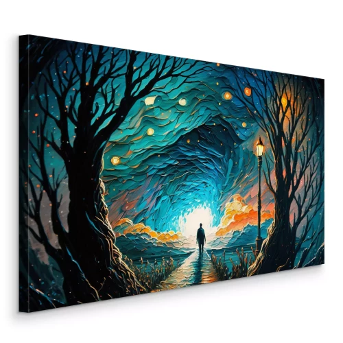 Tableau  Une promenade dans un paysage abstrait sous un ciel étoilé