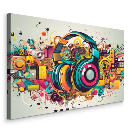 Tableau  Une composition graphique avec des écouteurs et des motifs musicaux