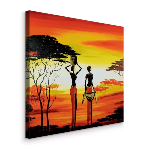 Tableau  Deux femmes africaines dans la savane jaune et rouge
