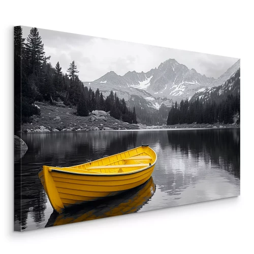 Tableau  Un bateau jaune se détachant sur un lac en noir et blanc.