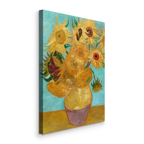 Tableau  Tournesols peints dans un vase sur fond bleu