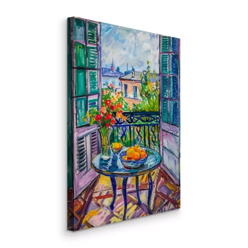 Tableau  Une table avec une nature morte et un balcon avec vue