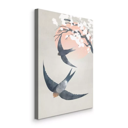 Tableau  Deux hirondelles et une fleur de cerisier sur fond de soleil