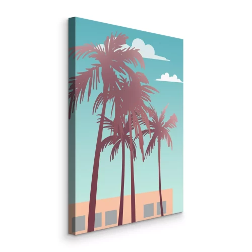 Tableau  Graphismes rétro de palmiers avec un bâtiment en arrière-plan