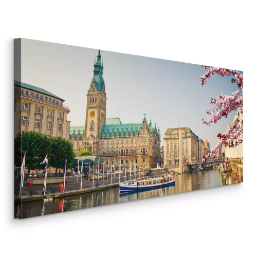 Tableau  Vue printanière du centre-ville de Hambourg avec un bateau sur l'eau