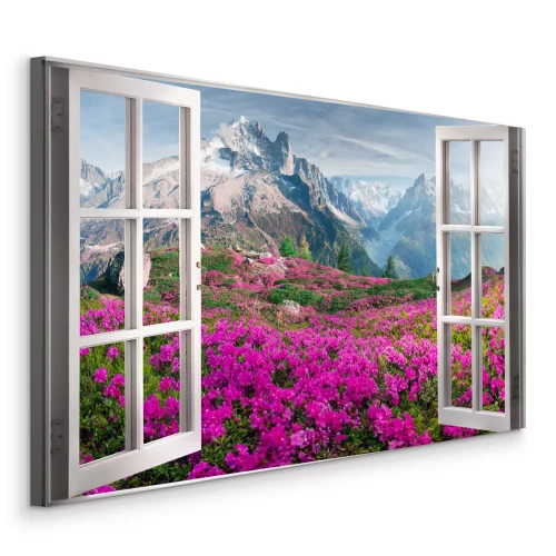 Tableau  La vue depuis la fenêtre ouverte donne sur des azalées et des sommets montagneux.