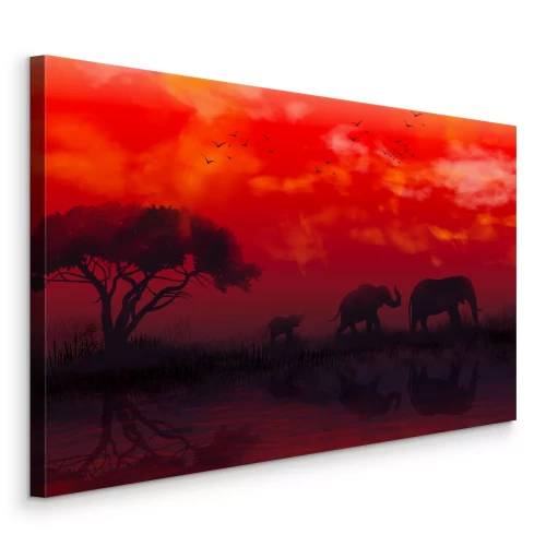 Tableau  Éléphants au-dessus de l'eau dans une lueur rouge
