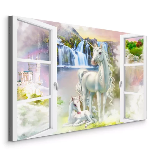 Tableau  Fenêtre avec vue sur des licornes et une cascade