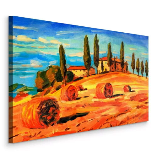Tableau  Des champs ensoleillés avec des cyprès et du foin