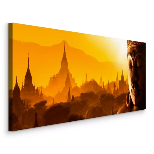 Tableau  Bouddha avec des temples en arrière-plan au coucher du soleil