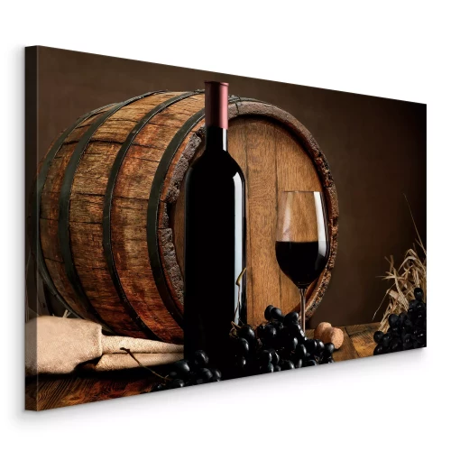 Tableau  Une bouteille de vin rouge et un verre sur fond de tonneau en bois