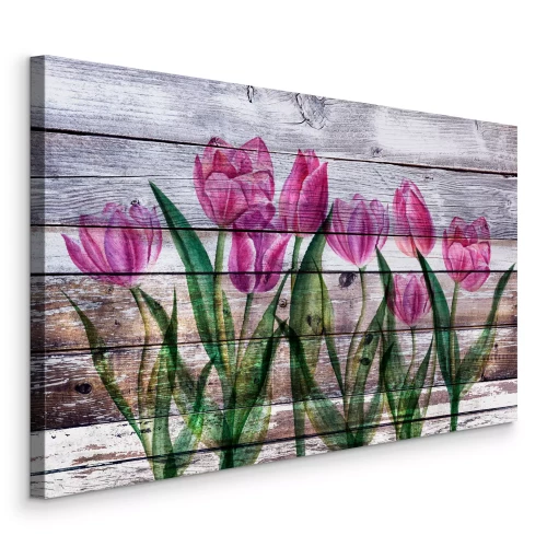 Tableau  Tulipes sur fond de bois vieilli