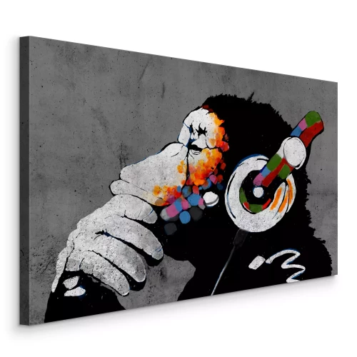 Tableau  Singe avec des écouteurs colorés gris