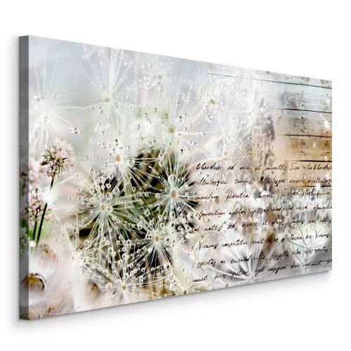 Tableau  Pissenlits éclatants couverts de rosée et texte sur fond de bois