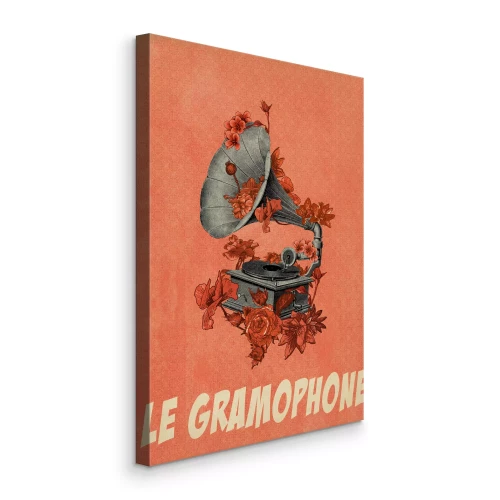 Tableau  Un gramophone parmi des fleurs rouges