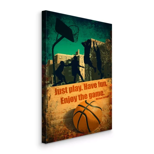 Tableau  Un match de basket-ball sur fond de ville, accompagné d'une citation de Jordan.