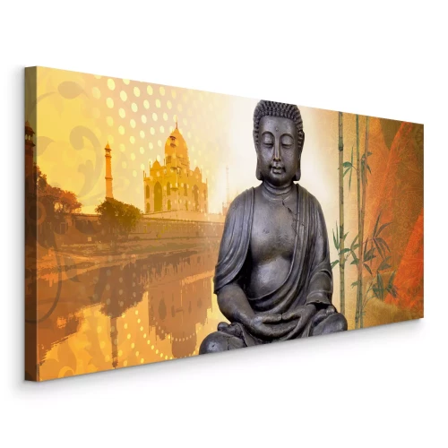 Tableau  Bouddha en méditation, avec un temple en arrière-plan.