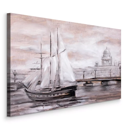 Tableau  Un navire peint avec un panorama urbain en arrière-plan