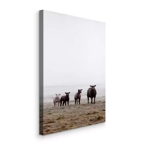 Tableau  Un troupeau de moutons dans une prairie brumeuse