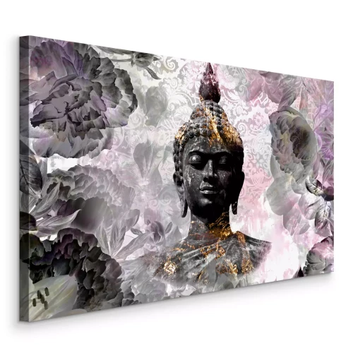 Tableau  Bouddha sur fond de fleurs roses et grises et de motifs décoratifs