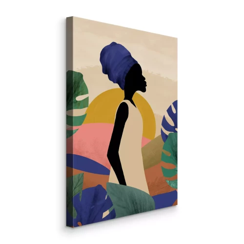 Tableau  Une femme noire portant un turban se détachant sur un fond de feuilles.