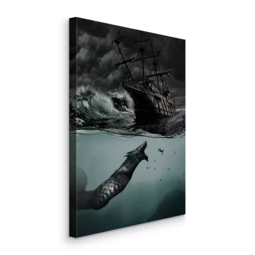 Tableau  Une scène dramatique avec un voilier et une bête marine