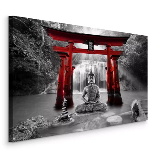 Tableau  Cascade et Bouddha en noir et blanc avec une arche rouge