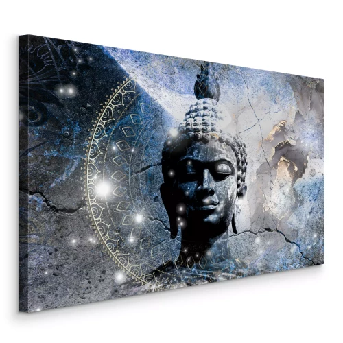 Tableau  Une sculpture gris-bleu de Bouddha sur fond de mandala