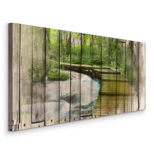 Tableau  Une rivière avec un quai peint sur des planches